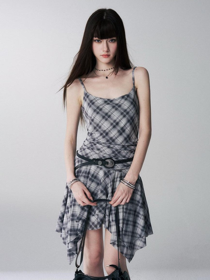 LADYGHOST Ghost Girl Irregular Hem Plaid Strappy Cinched Waist Women&