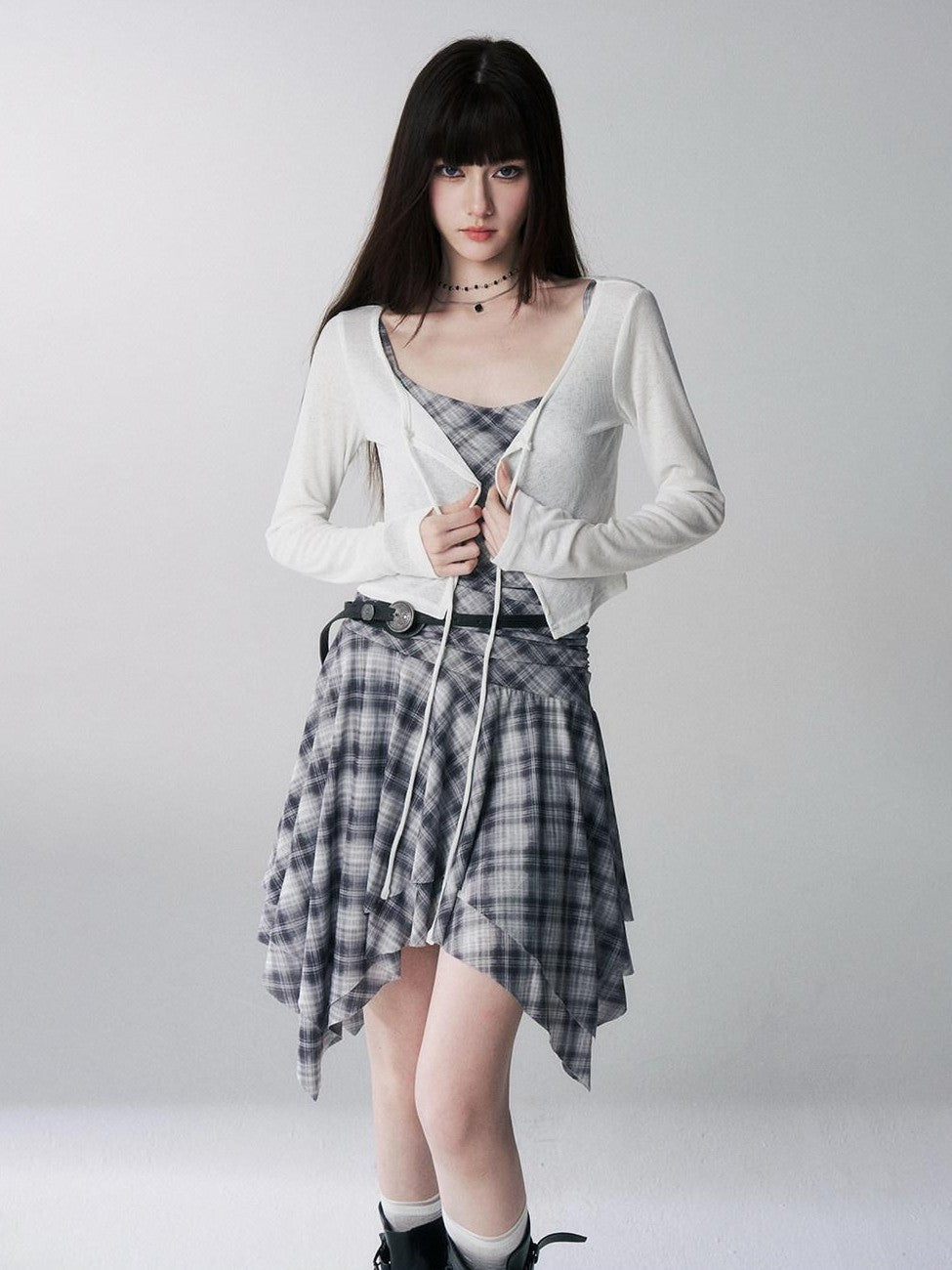 LADYGHOST Ghost Girl Irregular Hem Plaid Strappy Cinched Waist Women&