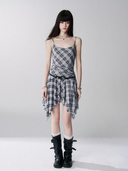LADYGHOST Ghost Girl Irregular Hem Plaid Strappy Cinched Waist Women&
