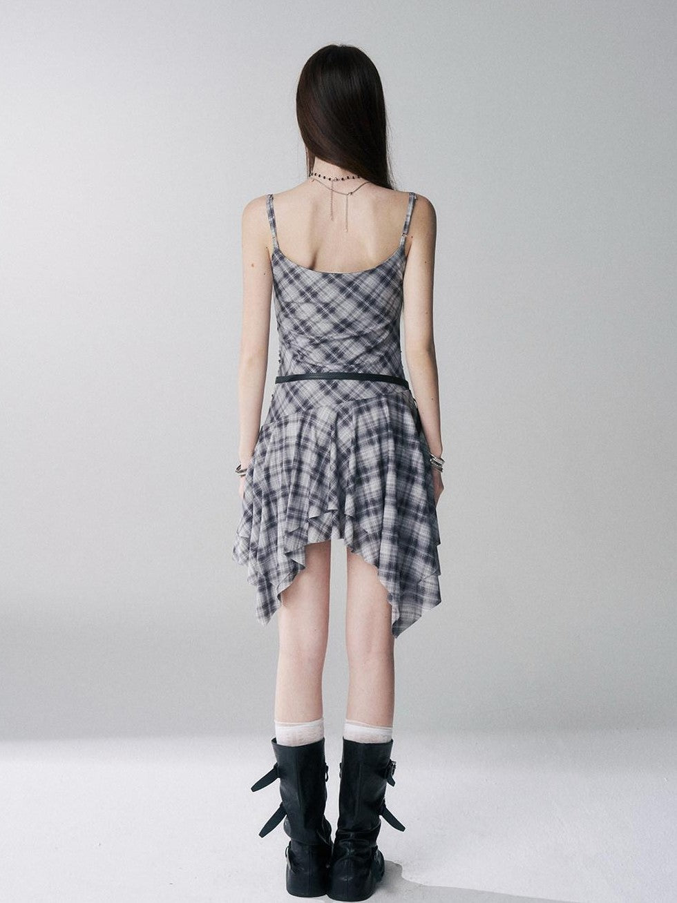 LADYGHOST Ghost Girl Irregular Hem Plaid Strappy Cinched Waist Women&