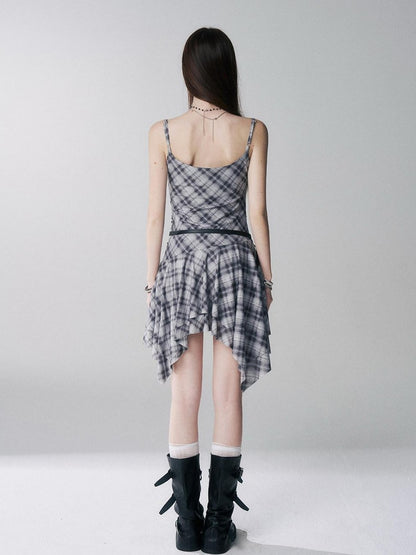 LADYGHOST Ghost Girl Irregular Hem Plaid Strappy Cinched Waist Women&