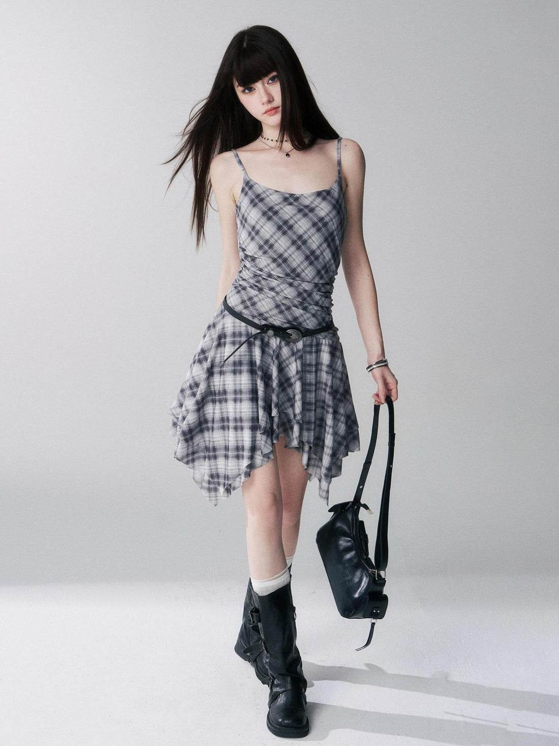 LADYGHOST Ghost Girl Irregular Hem Plaid Strappy Cinched Waist Women&