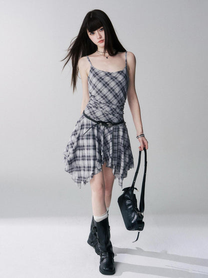 LADYGHOST Ghost Girl Irregular Hem Plaid Strappy Cinched Waist Women&
