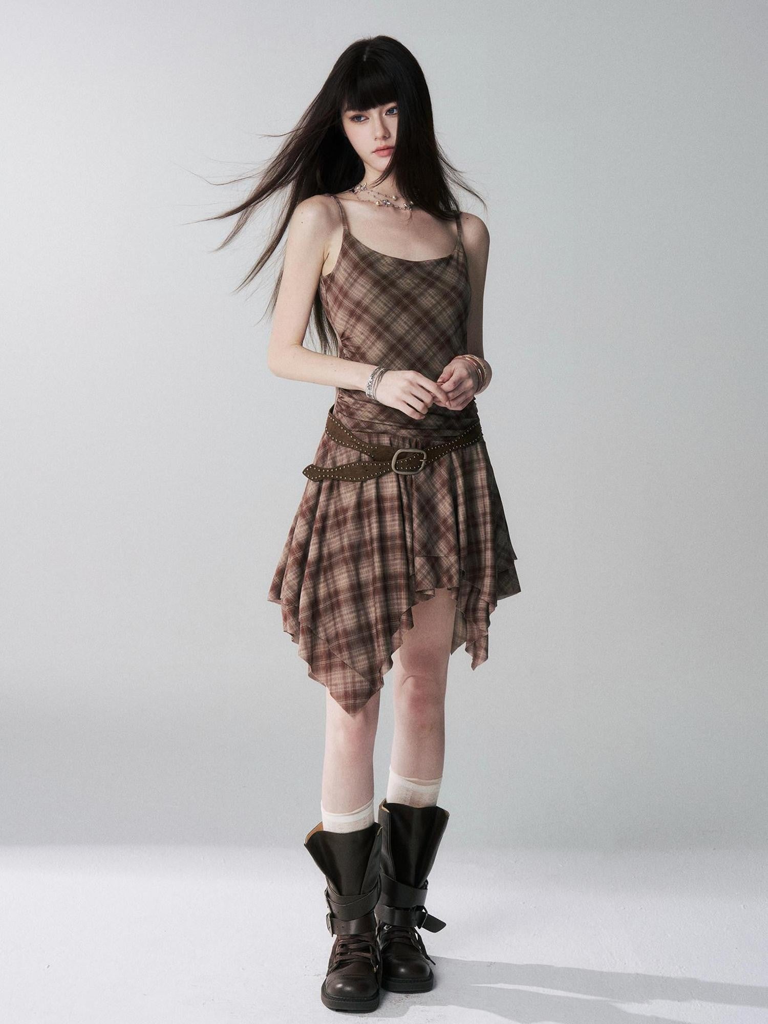 LADYGHOST Ghost Girl Irregular Hem Plaid Strappy Cinched Waist Women&