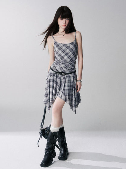 LADYGHOST Ghost Girl Irregular Hem Plaid Strappy Cinched Waist Women&