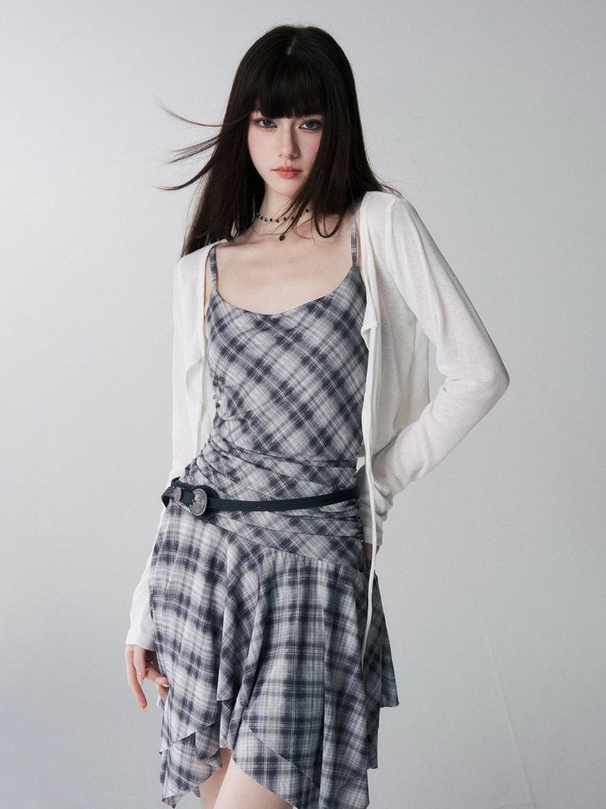 LADYGHOST Ghost Girl Irregular Hem Plaid Strappy Cinched Waist Women&