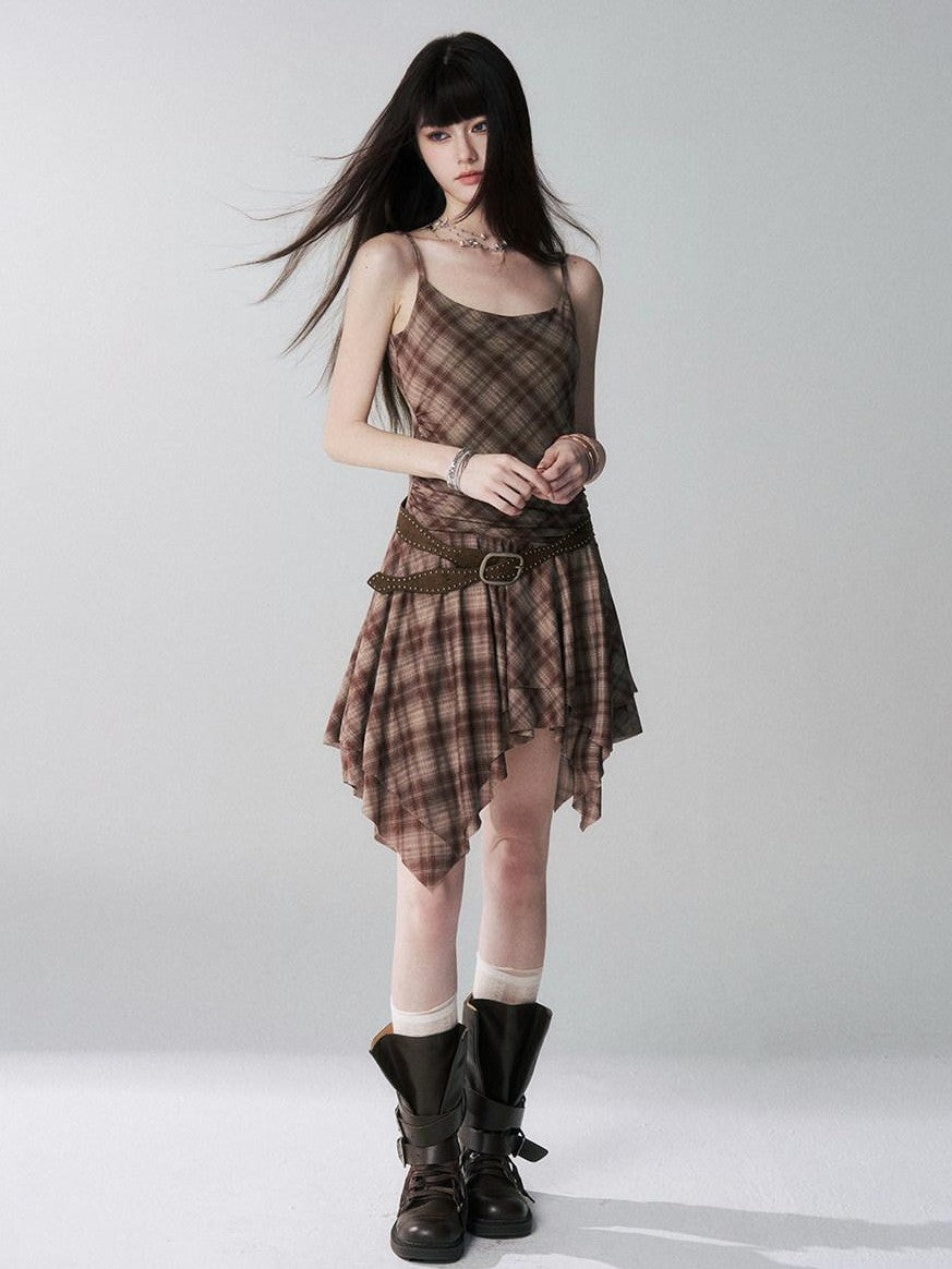 LADYGHOST Ghost Girl Irregular Hem Plaid Strappy Cinched Waist Women&