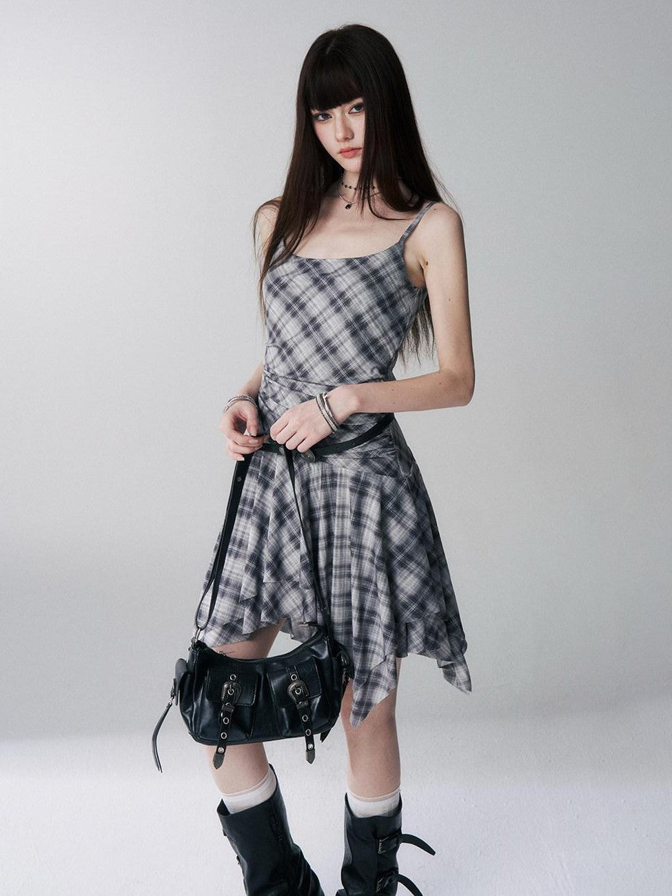 LADYGHOST Ghost Girl Irregular Hem Plaid Strappy Cinched Waist Women&