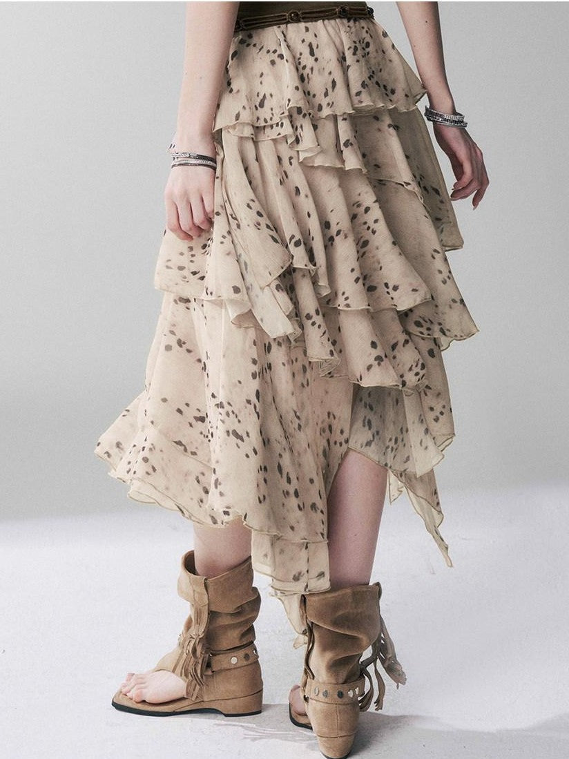 LADYGHOST Ghost Girl Leopard Print Asymmetric Ruffled Women&