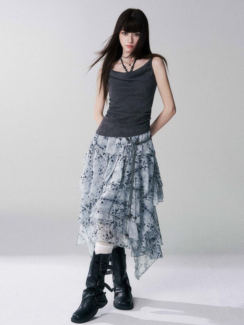 LADYGHOST Ghost Girl Leopard Print Asymmetric Ruffled Women&