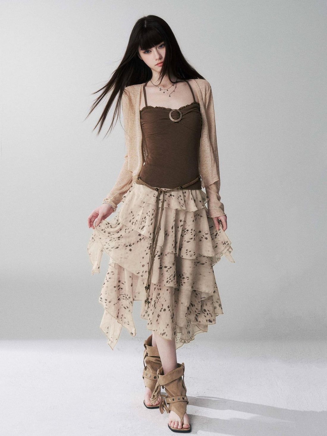 LADYGHOST Ghost Girl Leopard Print Asymmetric Ruffled Women&