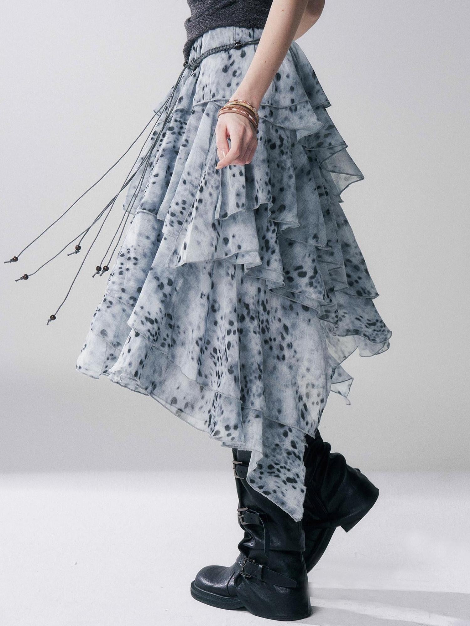 LADYGHOST Ghost Girl Leopard Print Asymmetric Ruffled Women&
