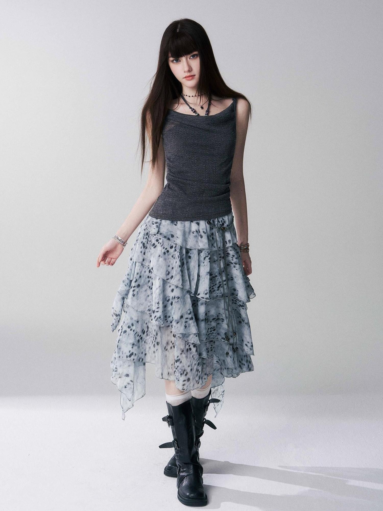 LADYGHOST Ghost Girl Leopard Print Asymmetric Ruffled Women&