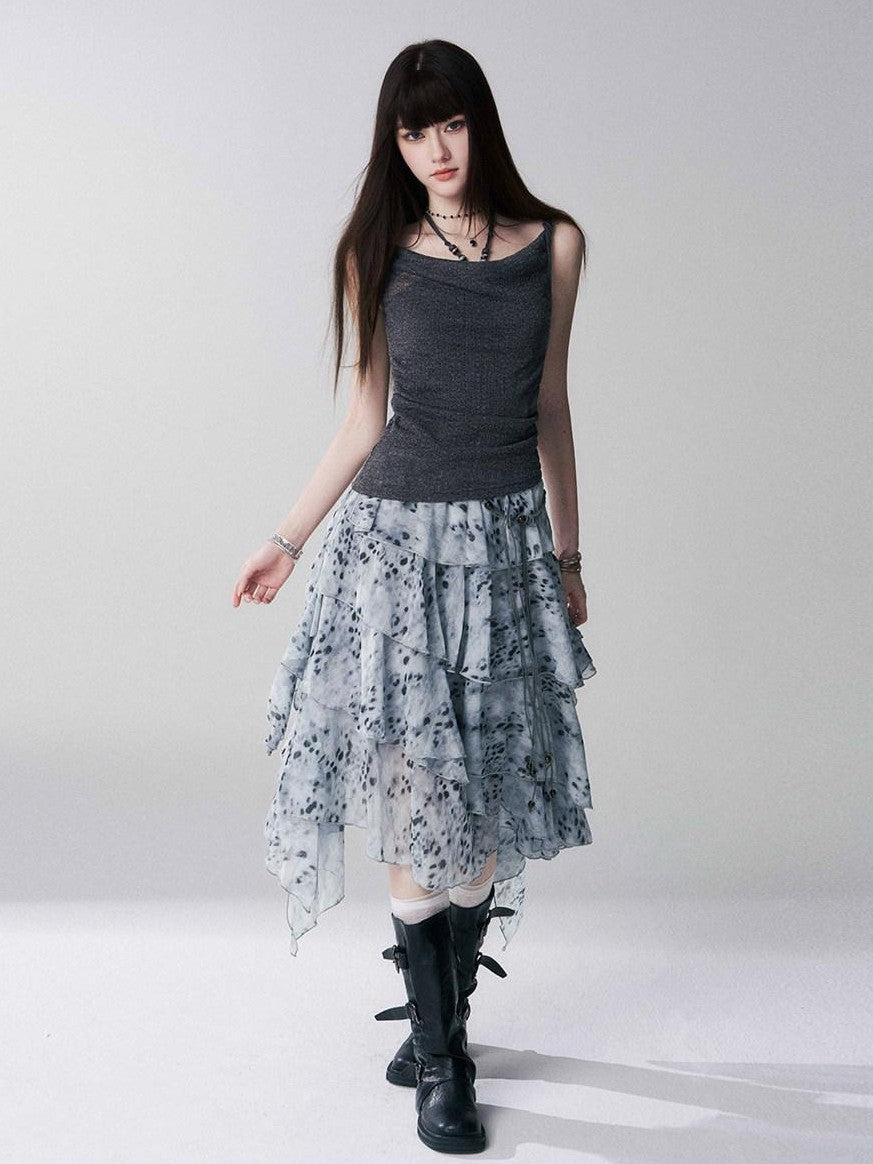 LADYGHOST Ghost Girl Leopard Print Asymmetric Ruffled Women&