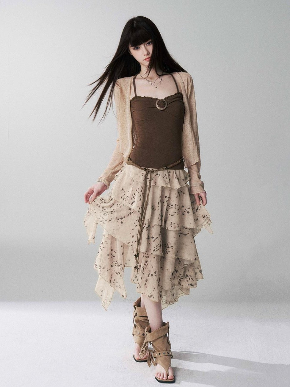LADYGHOST Ghost Girl Leopard Print Asymmetric Ruffled Women&