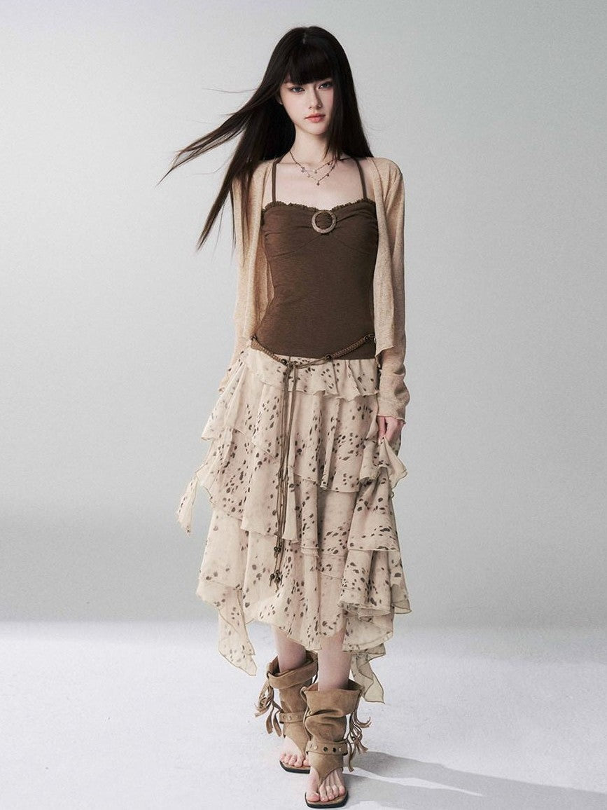 LADYGHOST Ghost Girl Leopard Print Asymmetric Ruffled Women&