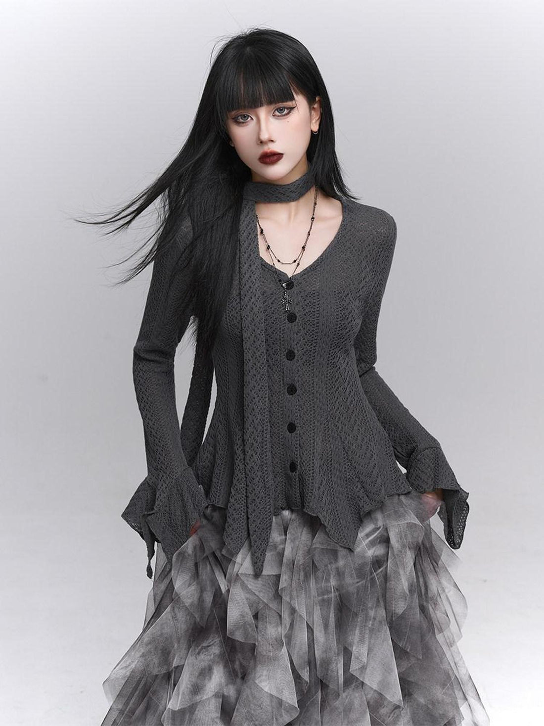 LADYGHOST Ghost Girl Long Sleeve Open Front Gray Women&