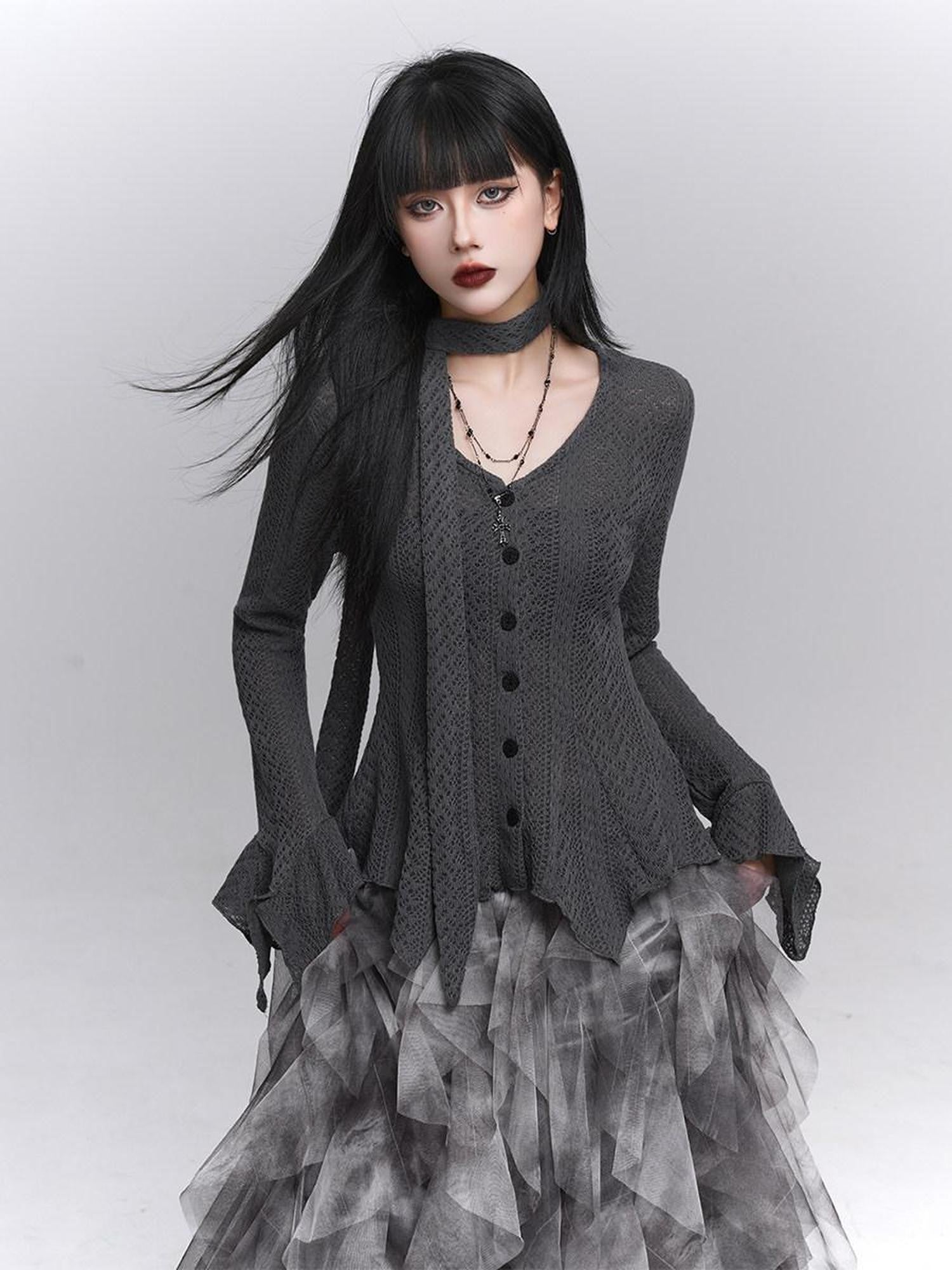 LADYGHOST Ghost Girl Long Sleeve Open Front Gray Women&