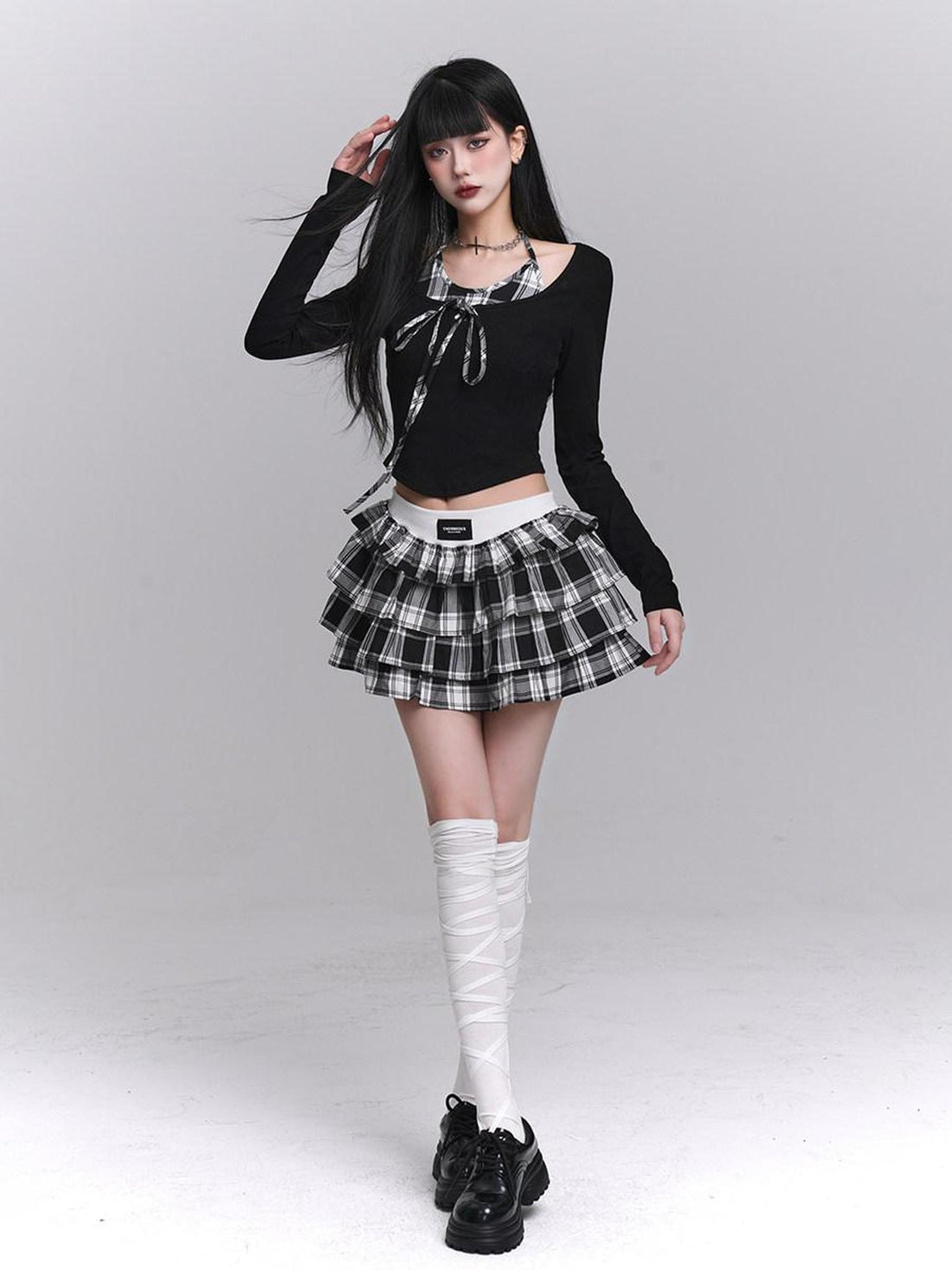 LADYGHOST Ghost Girl Plaid Cropped Puff Tiered Women&