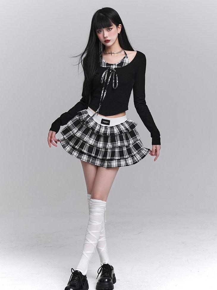 LADYGHOST Ghost Girl Plaid Cropped Puff Tiered Women&