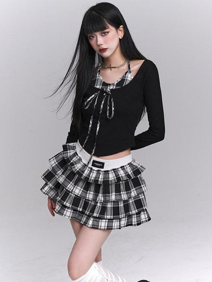 LADYGHOST Ghost Girl Plaid Cropped Puff Tiered Women&