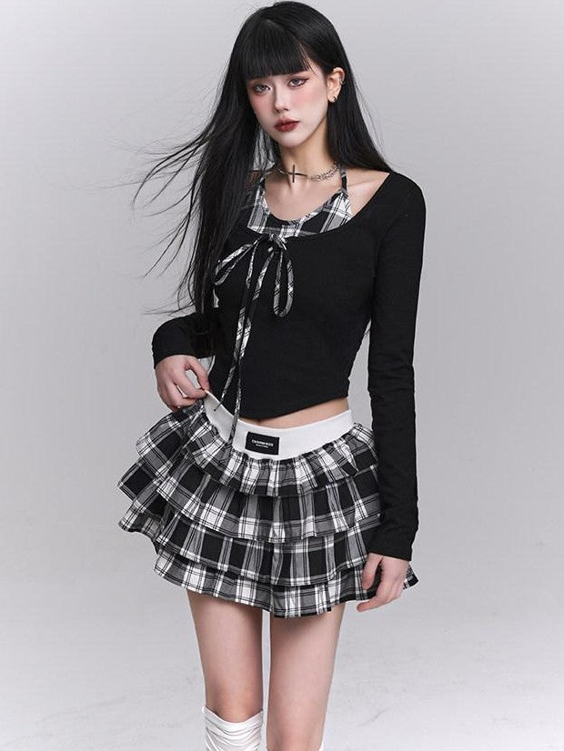 LADYGHOST Ghost Girl Plaid Cropped Puff Tiered Women&