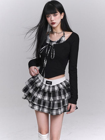LADYGHOST Ghost Girl Plaid Cropped Puff Tiered Women&