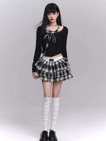 LADYGHOST Ghost Girl Plaid Cropped Puff Tiered Women&