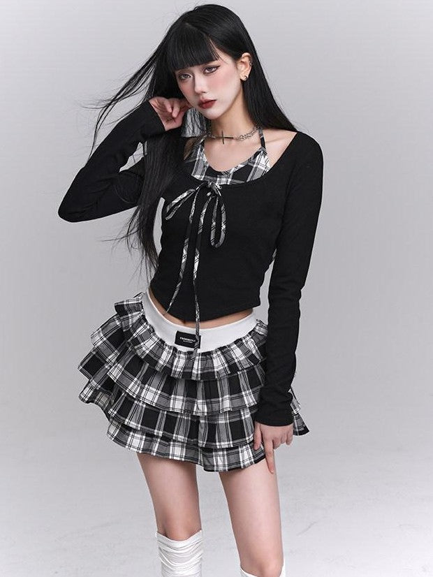 LADYGHOST Ghost Girl Plaid Cropped Puff Tiered Women&