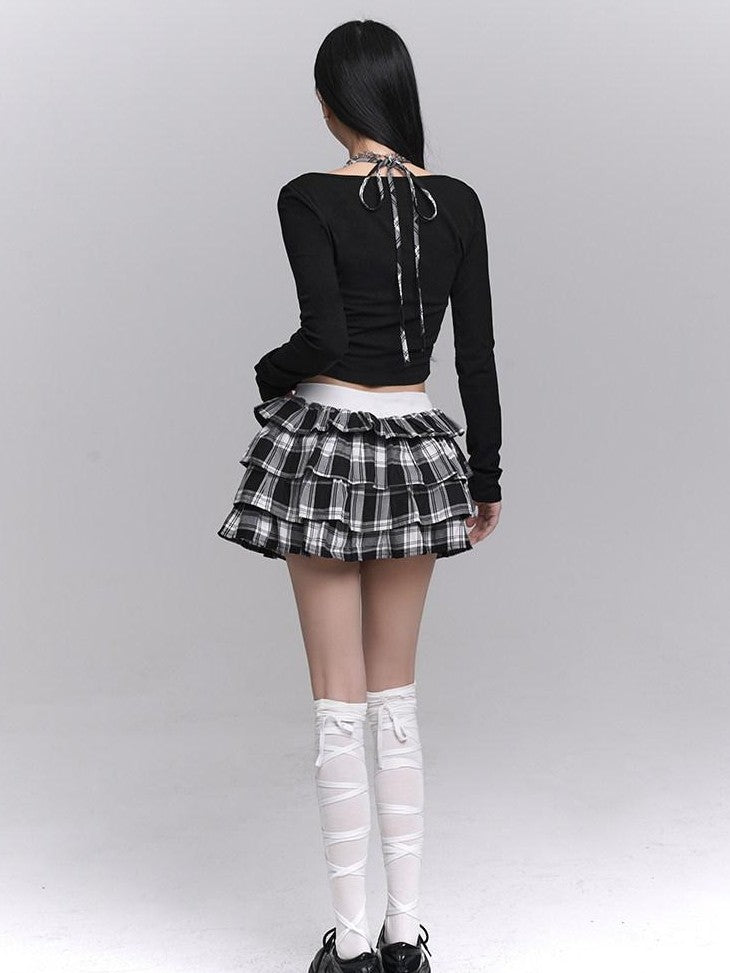 LADYGHOST Ghost Girl Plaid Cropped Puff Tiered Women&