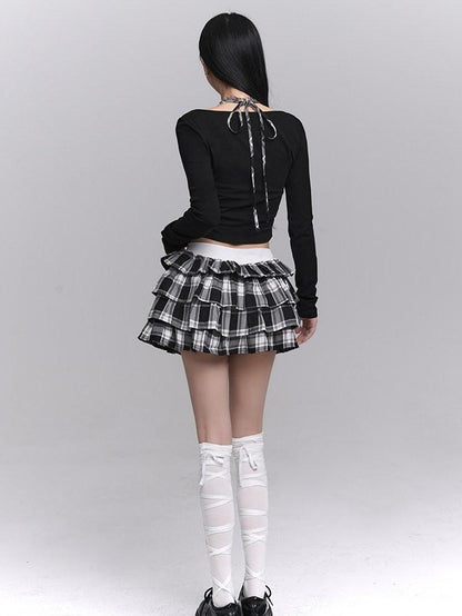 LADYGHOST Ghost Girl Plaid Cropped Puff Tiered Women&