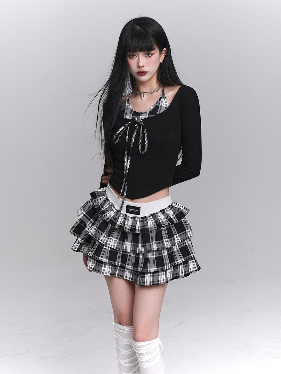 LADYGHOST Ghost Girl Plaid Cropped Puff Tiered Women&