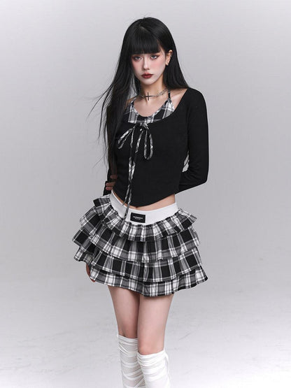 LADYGHOST Ghost Girl Plaid Cropped Puff Tiered Women&
