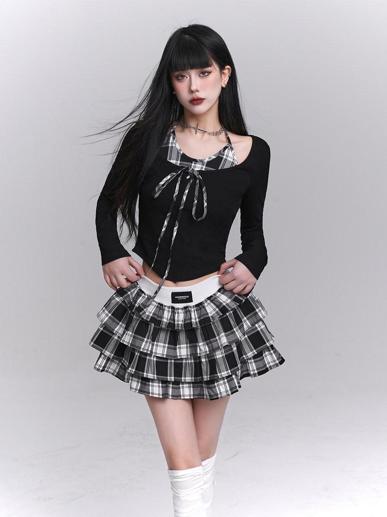 LADYGHOST Ghost Girl Plaid Cropped Puff Tiered Women&