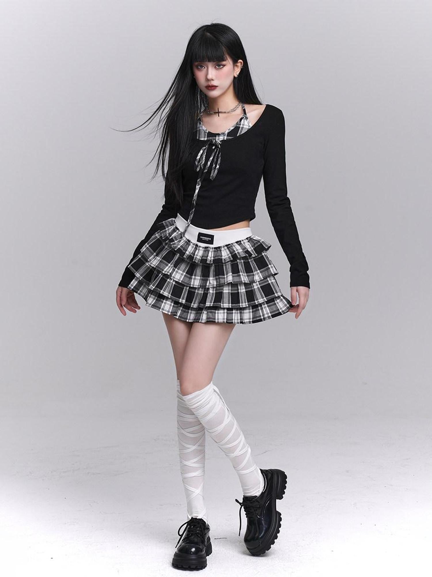 LADYGHOST Ghost Girl Plaid Cropped Puff Tiered Women&