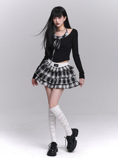 LADYGHOST Ghost Girl Plaid Cropped Puff Tiered Women&