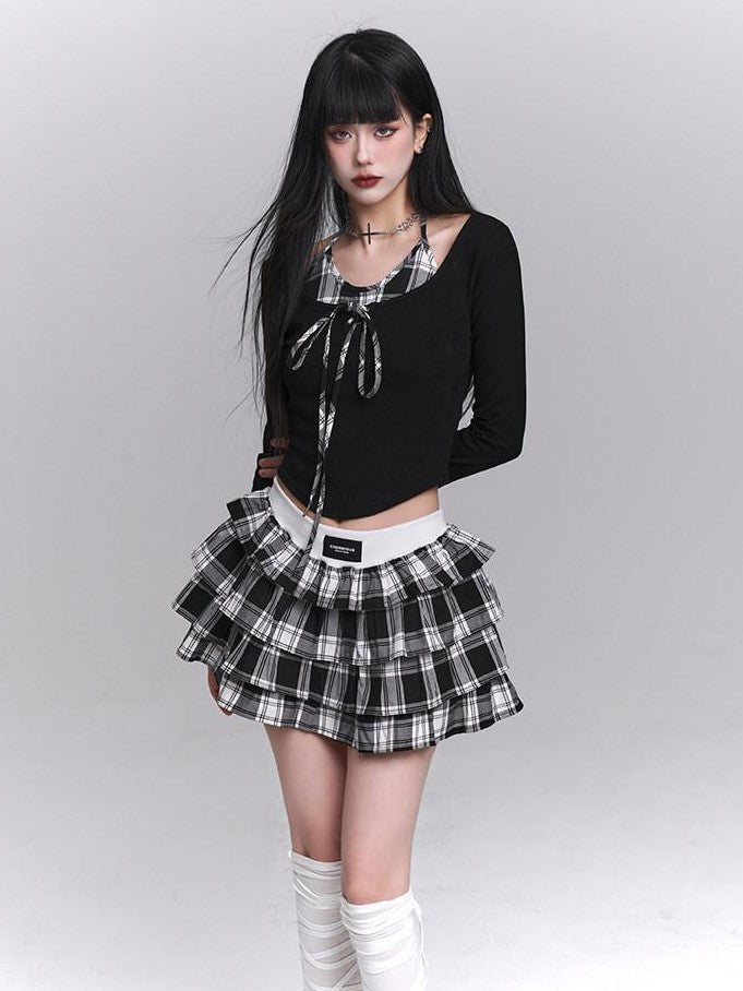 LADYGHOST Ghost Girl Plaid Cropped Puff Tiered Women&