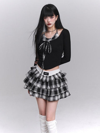 LADYGHOST Ghost Girl Plaid Cropped Puff Tiered Women&