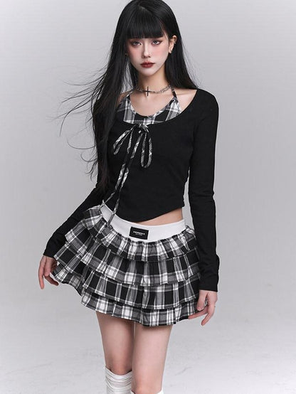 LADYGHOST Ghost Girl Plaid Cropped Puff Tiered Women&