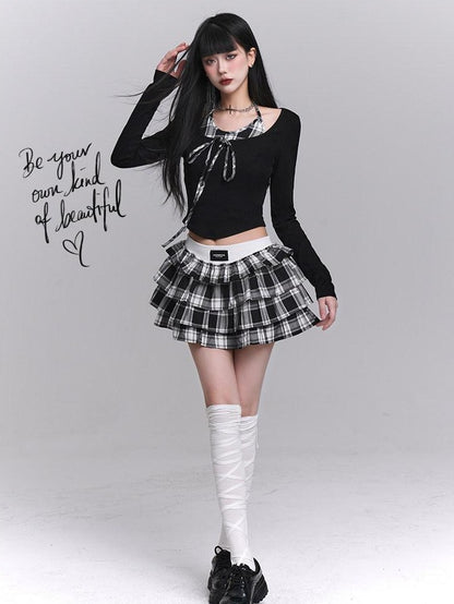 LADYGHOST Ghost Girl Plaid Cropped Puff Tiered Women&