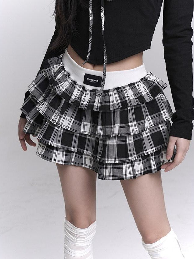 LADYGHOST Ghost Girl Plaid Cropped Puff Tiered Women&