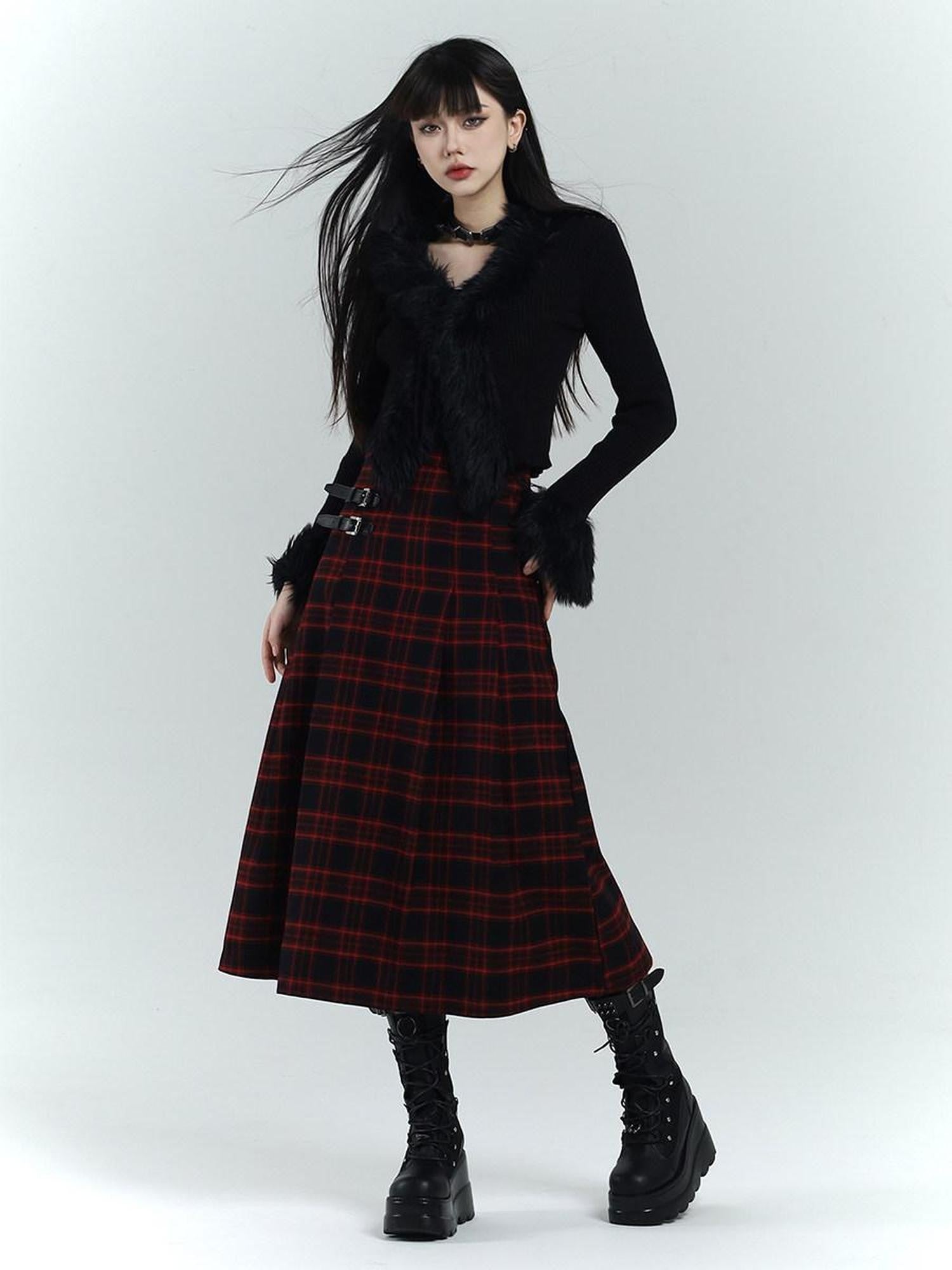 LADYGHOST Ghost Girl Red Black Plaid A Line Women&