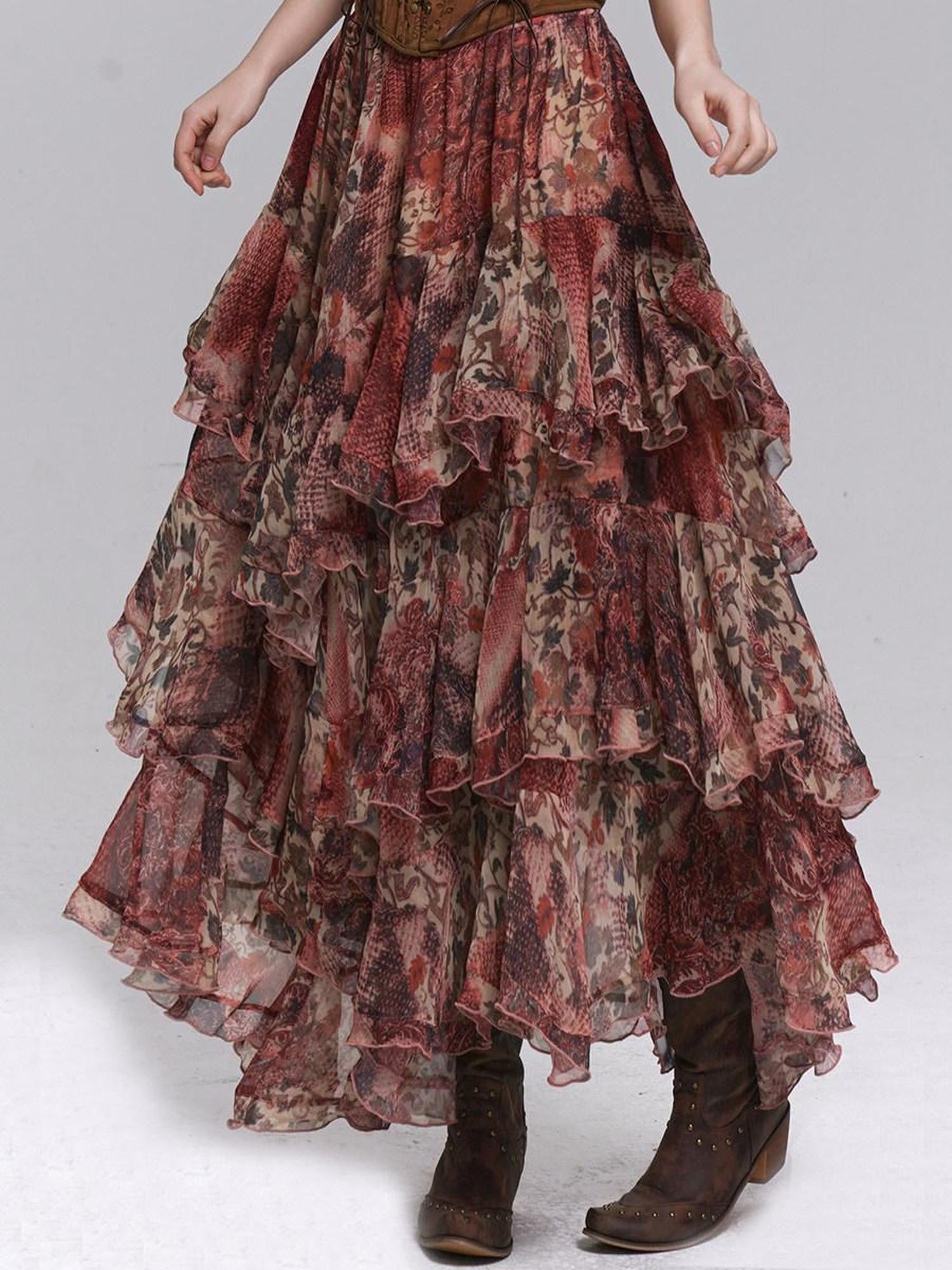 LADYGHOST Ghost Girl Red Floral Layered Cake Long Women&