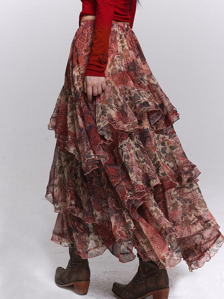 LADYGHOST Ghost Girl Red Floral Layered Cake Long Women&