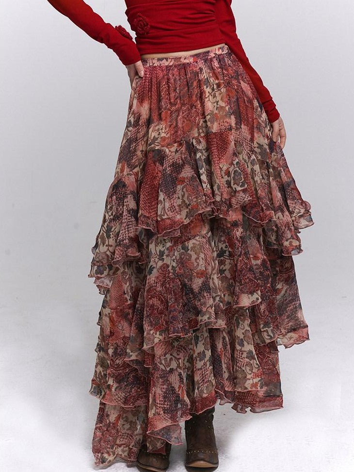LADYGHOST Ghost Girl Red Floral Layered Cake Long Women&