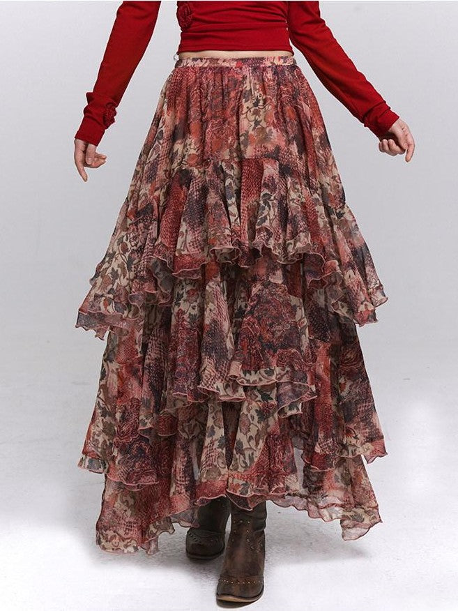LADYGHOST Ghost Girl Red Floral Layered Cake Long Women&