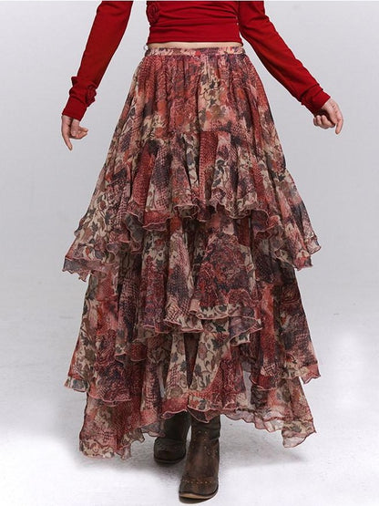 LADYGHOST Ghost Girl Red Floral Layered Cake Long Women&