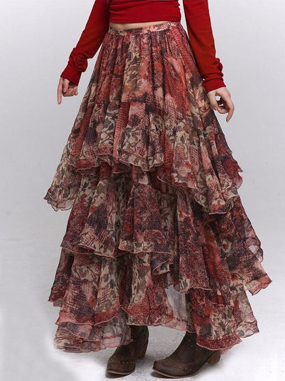 LADYGHOST Ghost Girl Red Floral Layered Cake Long Women&