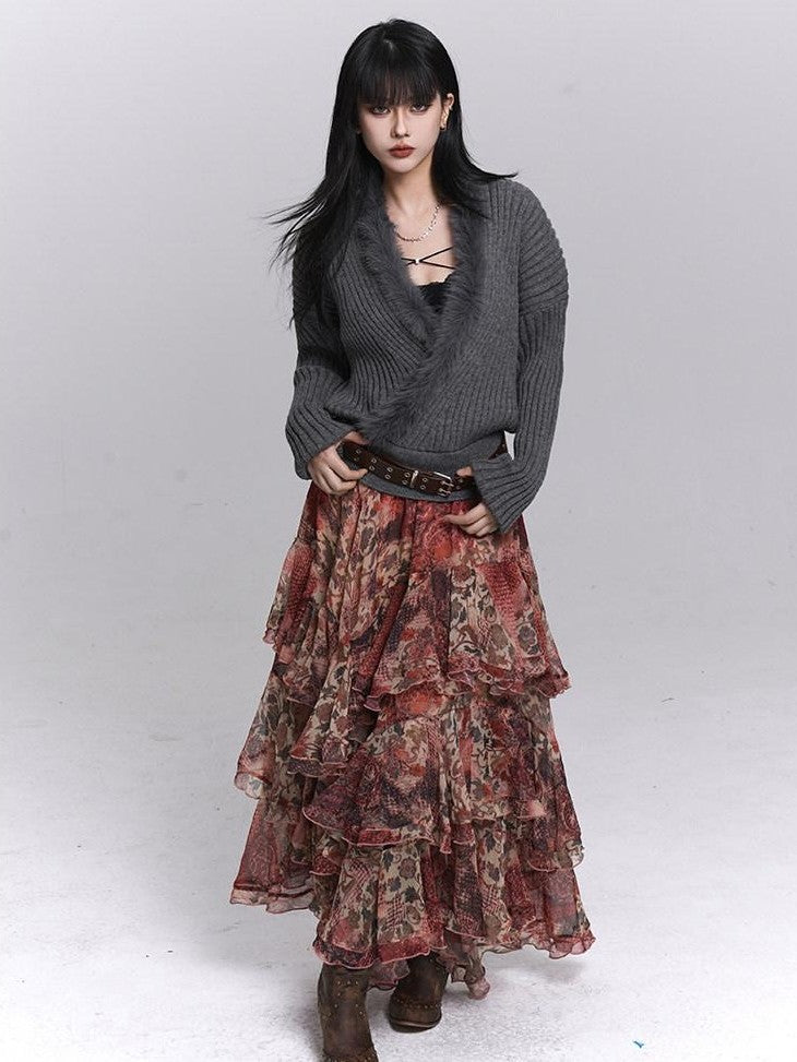 LADYGHOST Ghost Girl Red Floral Layered Cake Long Women&