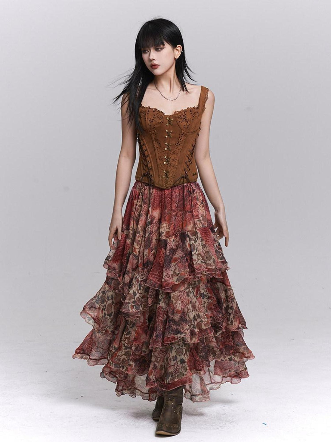 LADYGHOST Ghost Girl Red Floral Layered Cake Long Women&